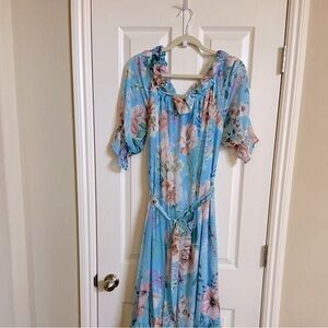 Flying Tomato Pretty Blue Floral Off the Shoulder Flowy Maxi Dress Size L or XL